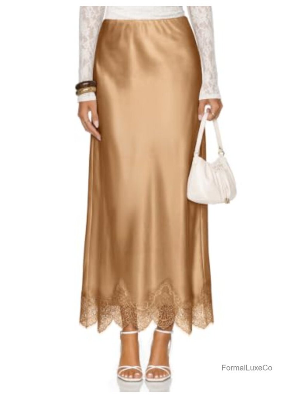 Satin Lace Trim Maxi Skirt High Waisted A-Line Flowy